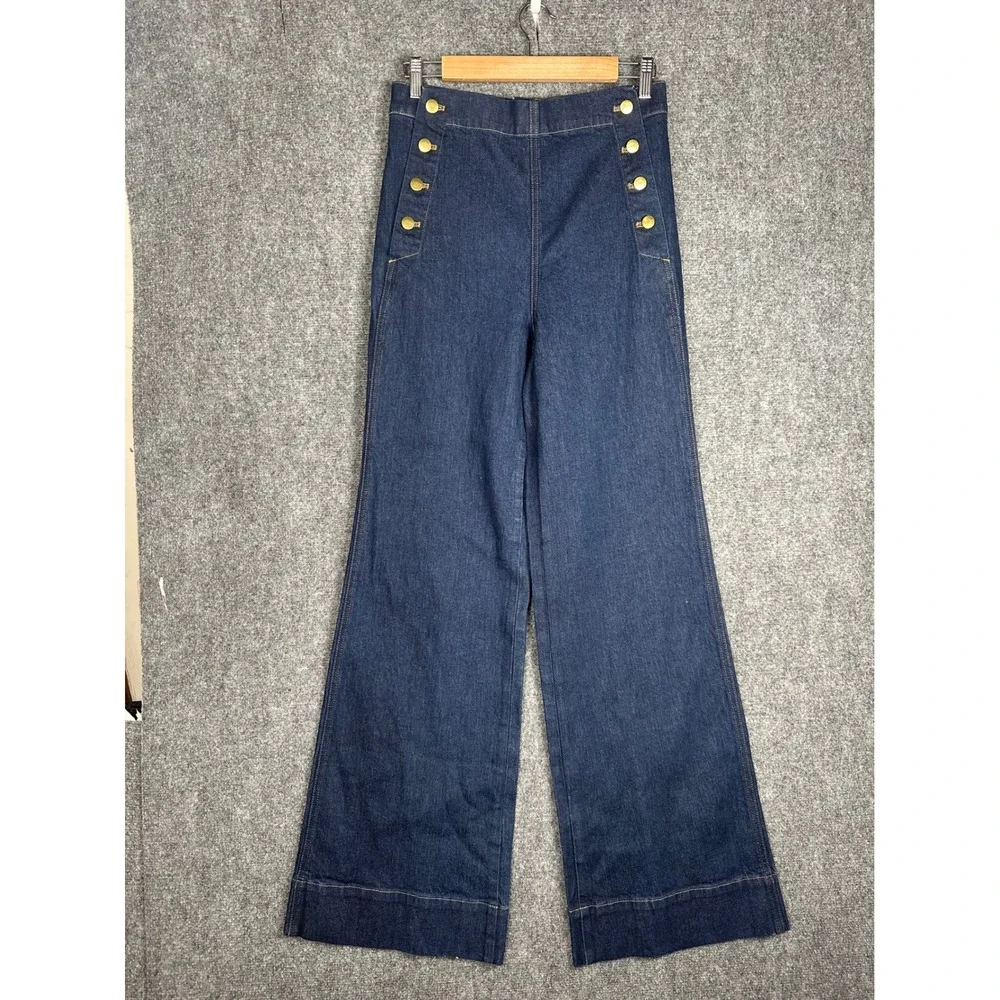 J.Crew Womens Sailor Button Denim Trouser 6 TALL Nautical Wide Leg Indigo Jeans - Picture 2 of 11